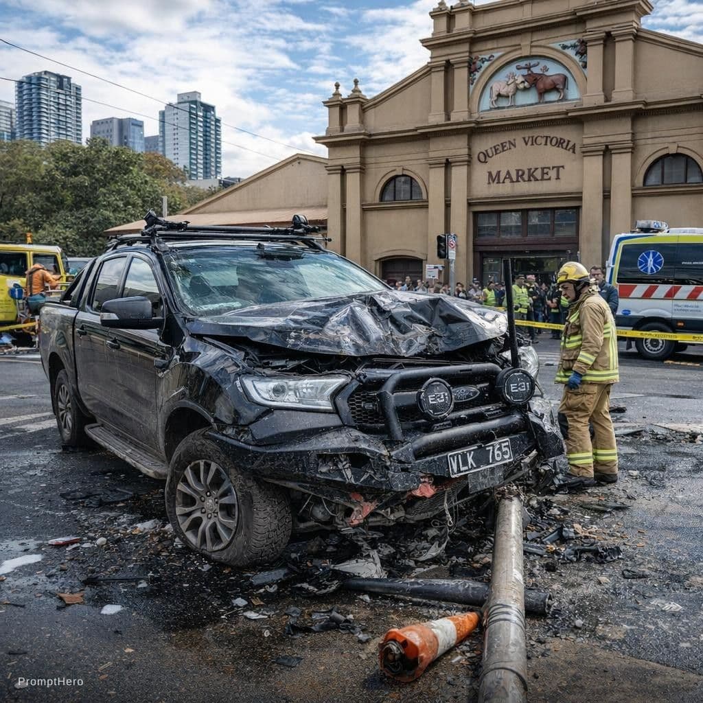 AI generated: Turn this image into a car crash infront of queen vic market Melbourne 