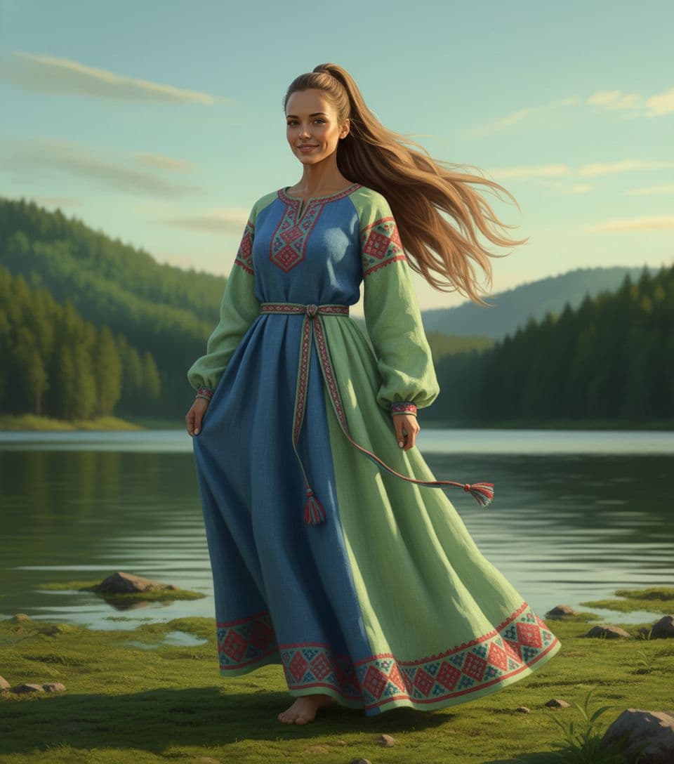 AI generated: a dark blond woman with long ponytail hair is standing in the green lake beach, in the style of blue...