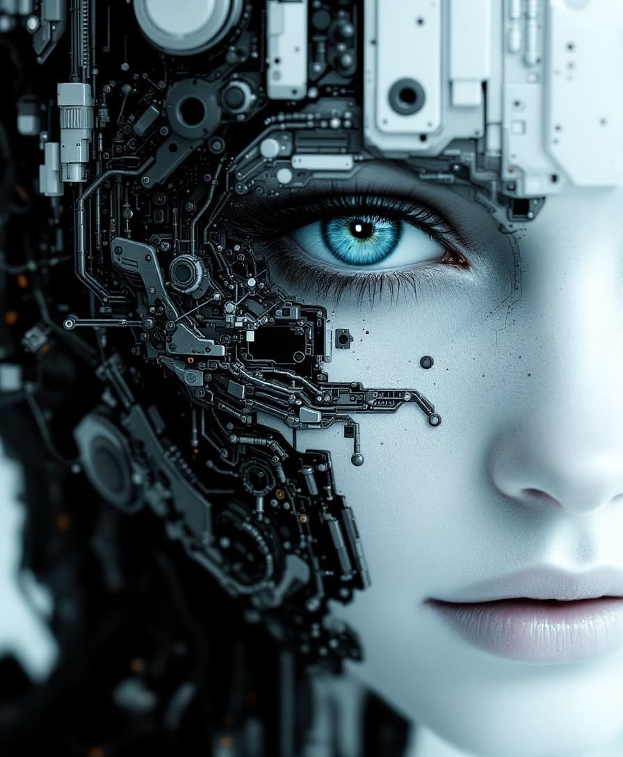 AI generated: artistic, synthetic mechanic face, complexity with details, eye detailing, deep gaze, limited colors...