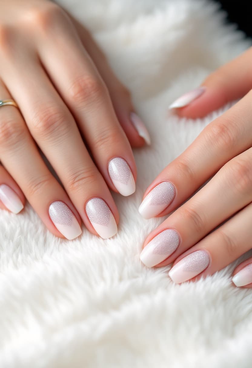 AI generated: Close-up of two delicate hands on a plush white surface. The nails feature a seamless gradient from ...