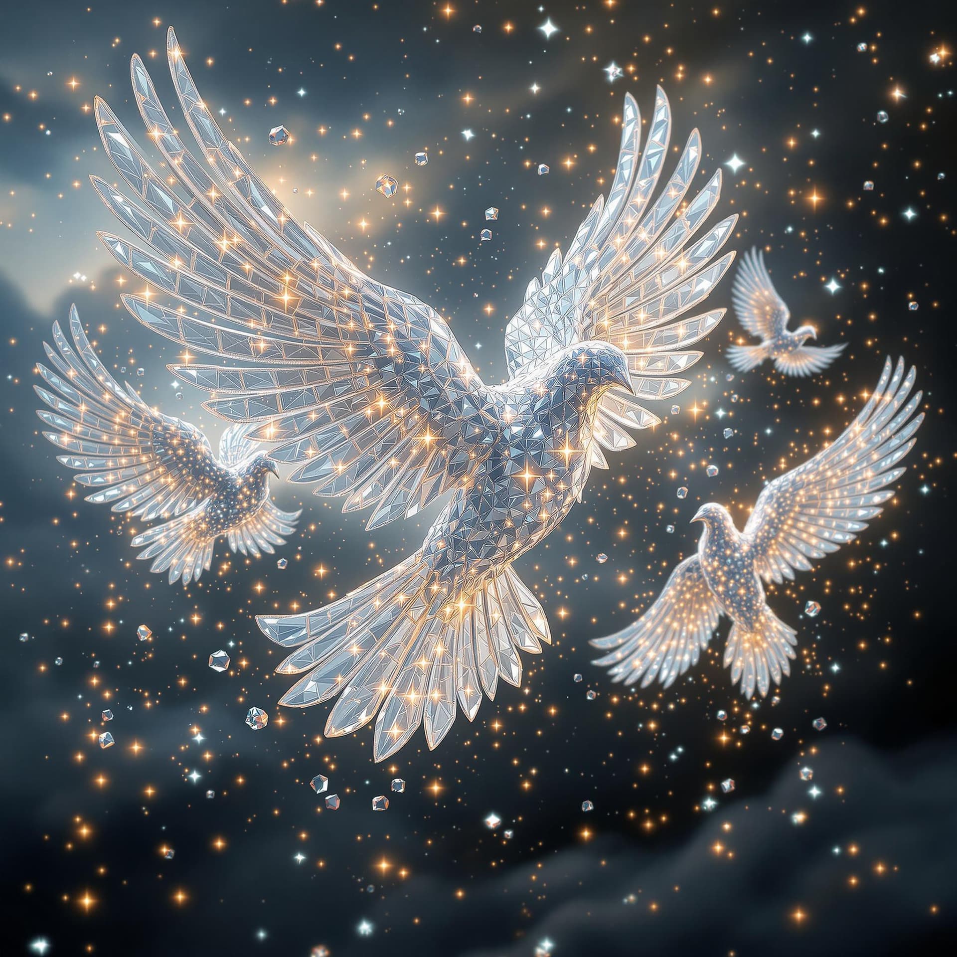 AI generated: 3 DOVES MADE OUT OF DIAMONDS FLYING WITH WINGS FULLY EXPANDED, cinematic, hyper realism, high detail...
