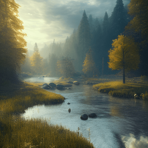 AI generated: mdjrny-v4 style, peaceful moody landscape, sunlight falling on river water, ultra-high-quality refle...