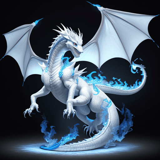 AI generated: white dragon, blue fire, exquisite realism, 32k uhd, photorealism photo, digital art
