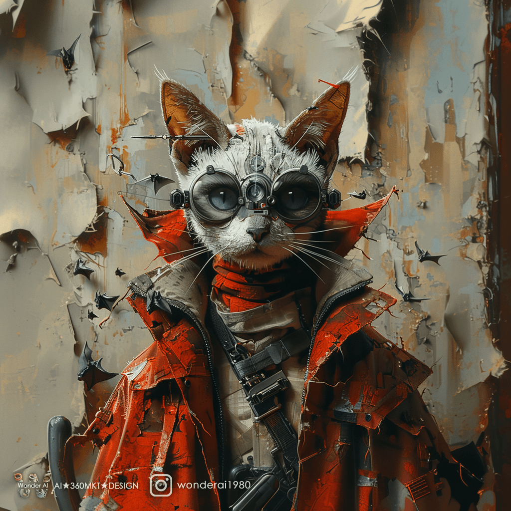 AI generated: close up portrait, cybernetic anthropomorphic Cat Vampire, jagged castle and bats growing out of his...