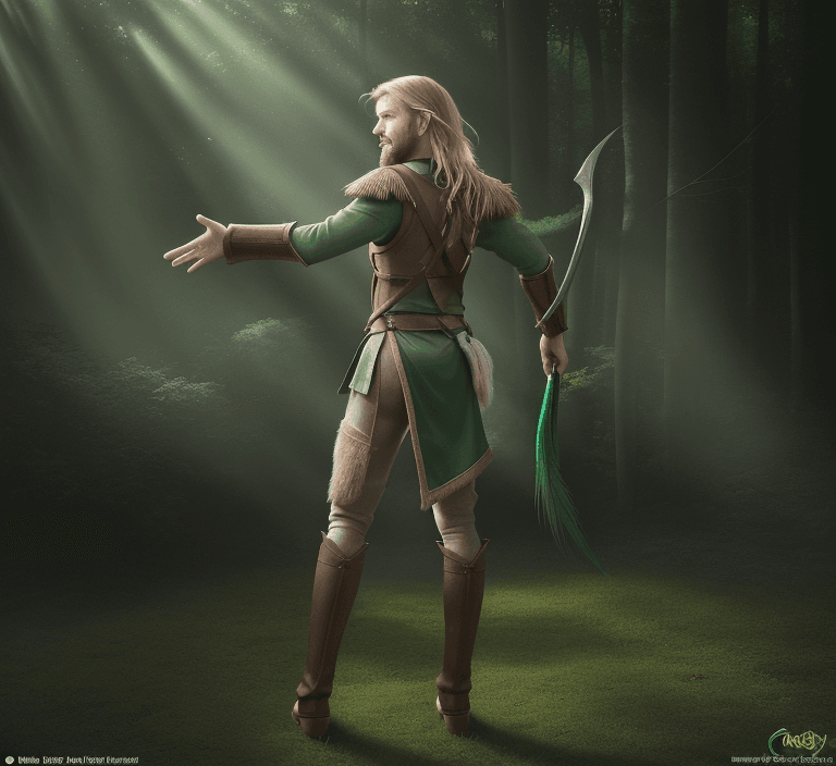 AI generated: high detailed professional full body photo in dynamic pose of a young half-elf archer seen from behi...