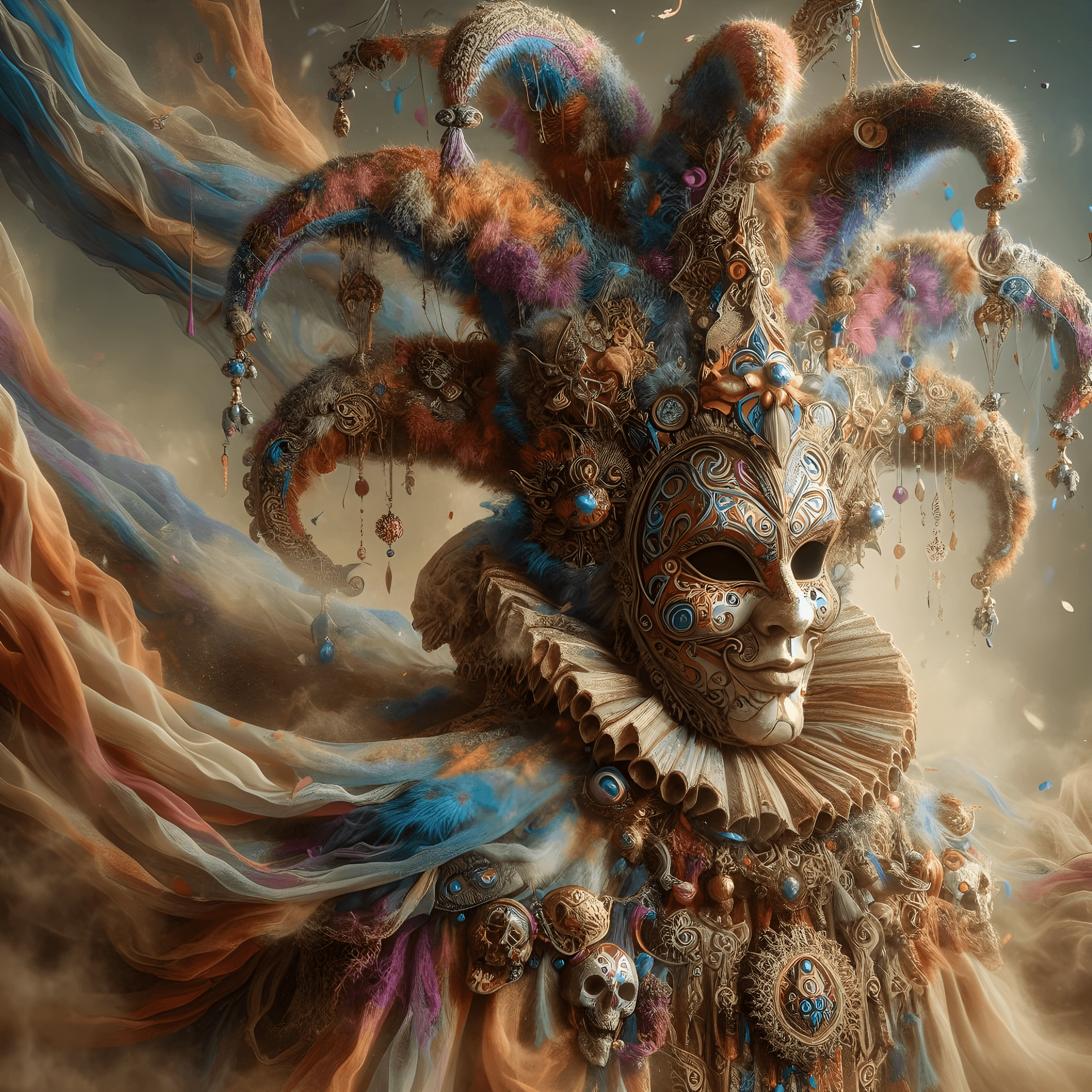 AI generated: Elaborate, fantastical portrait of a jester bard in a decorative costume and mask, wearing a flowing...