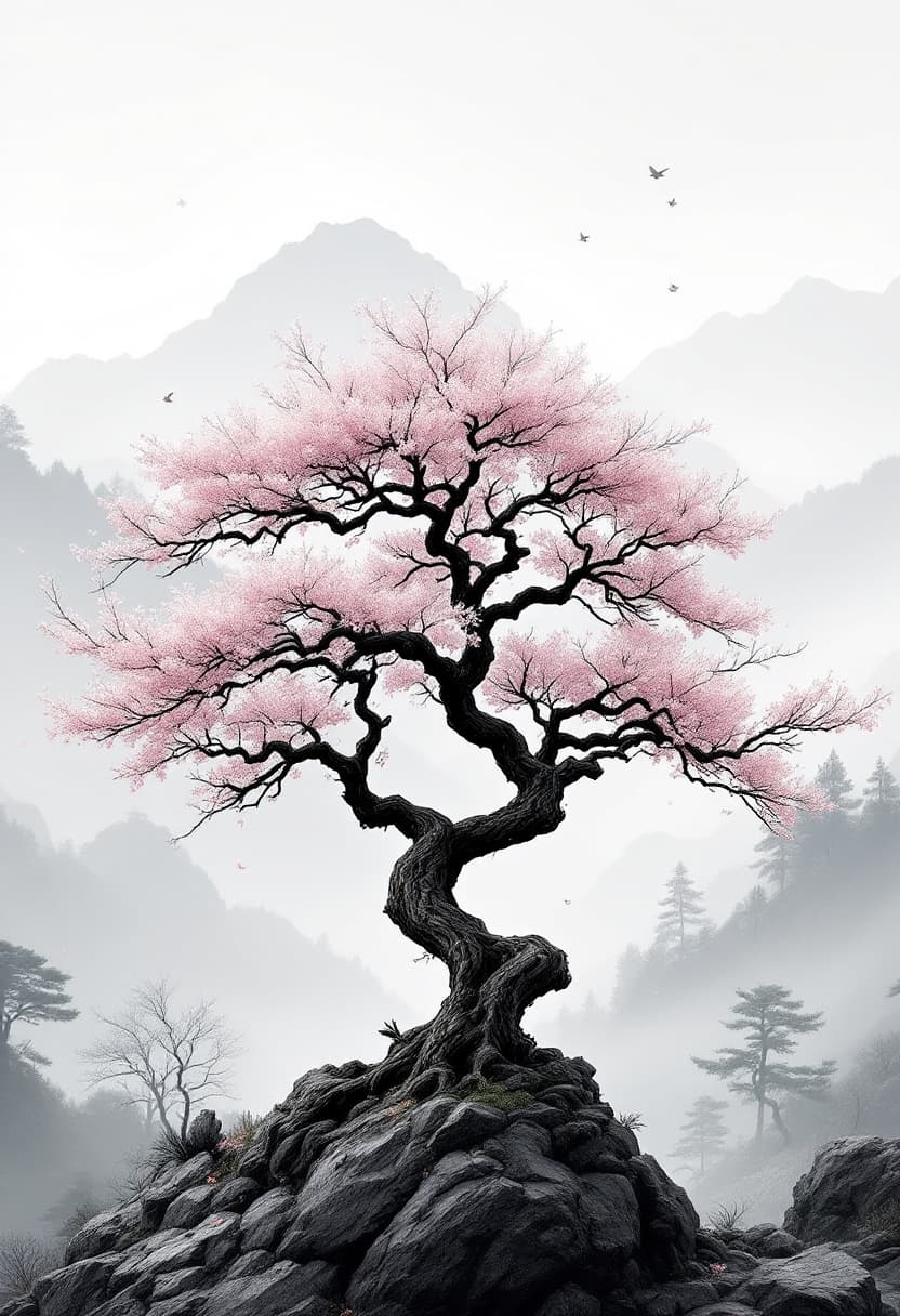 AI generated: Traditional Japanese cherry tree with a naturally twisted trunk and realistic branch structure. The ...