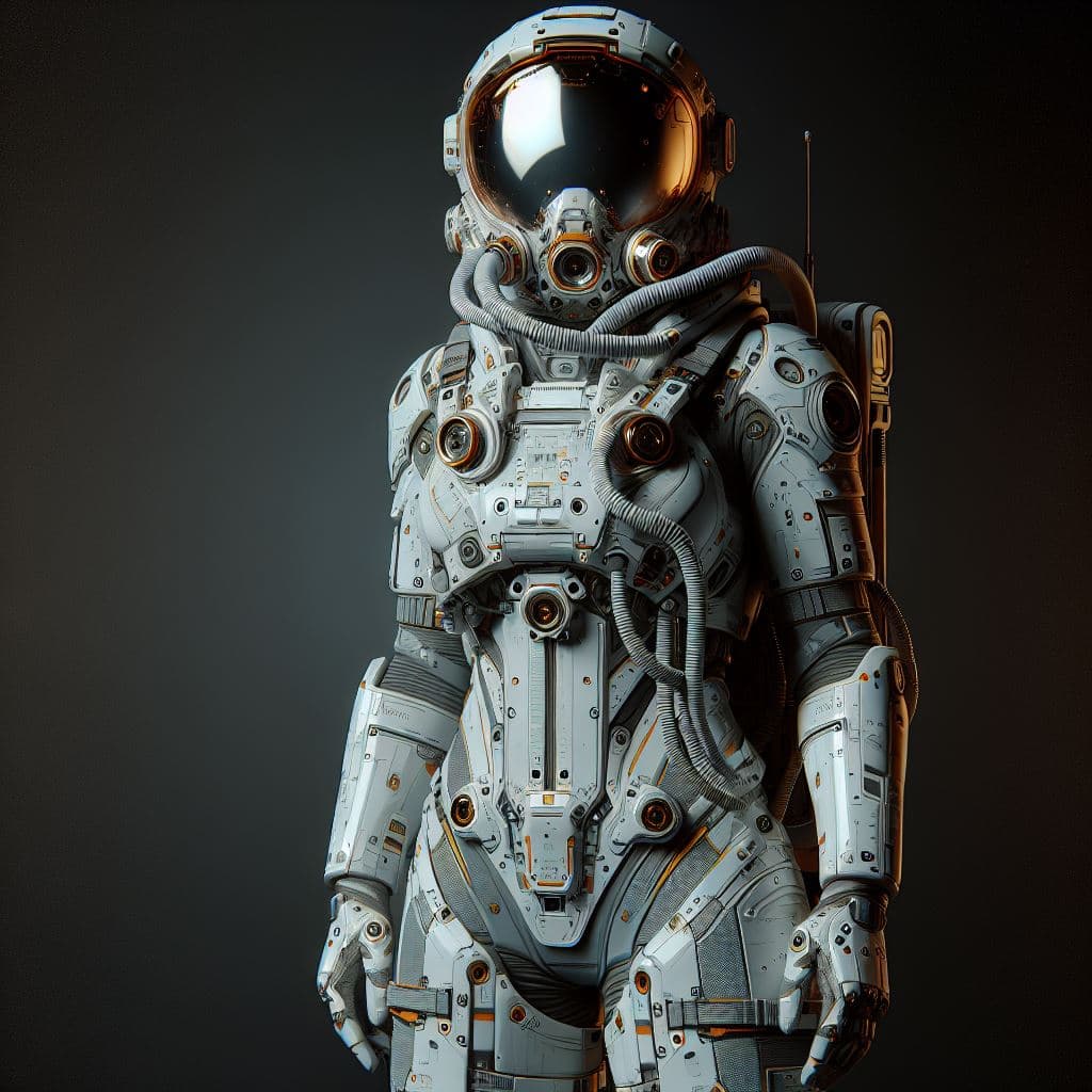 AI generated: illustration, highly detailed, science-fiction, full-length character design: female astronaut weari...