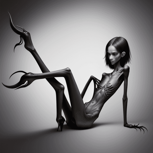 AI generated: lying position of extreme skinny slender girl very skinny slender girl, with long curved claws, skin...