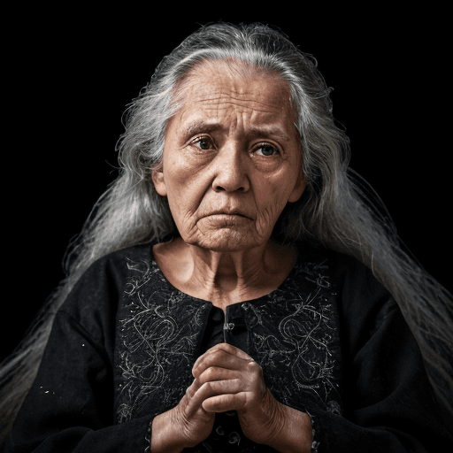 AI generated: An image of a very tired old woman, seamstresses, long hair, black background settings, lightning fl...