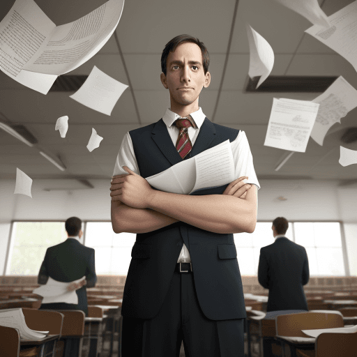 AI generated: an English teacher stands with his arms crossed, textbooks and sheets of paper are flying around