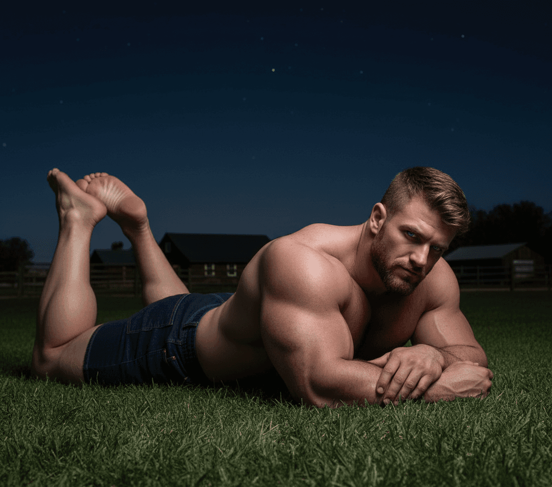 AI generated:  Bodybuilder is laid down flat on his belly and chest, his face is rested down on his crossed arms w...