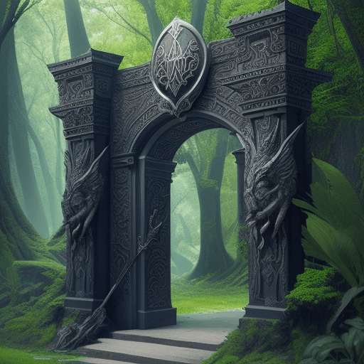 AI generated: the entrance of Valhalla, ornate, beautiful, weapons, lush, nature, low angle, --ar 9:16 --q 2
