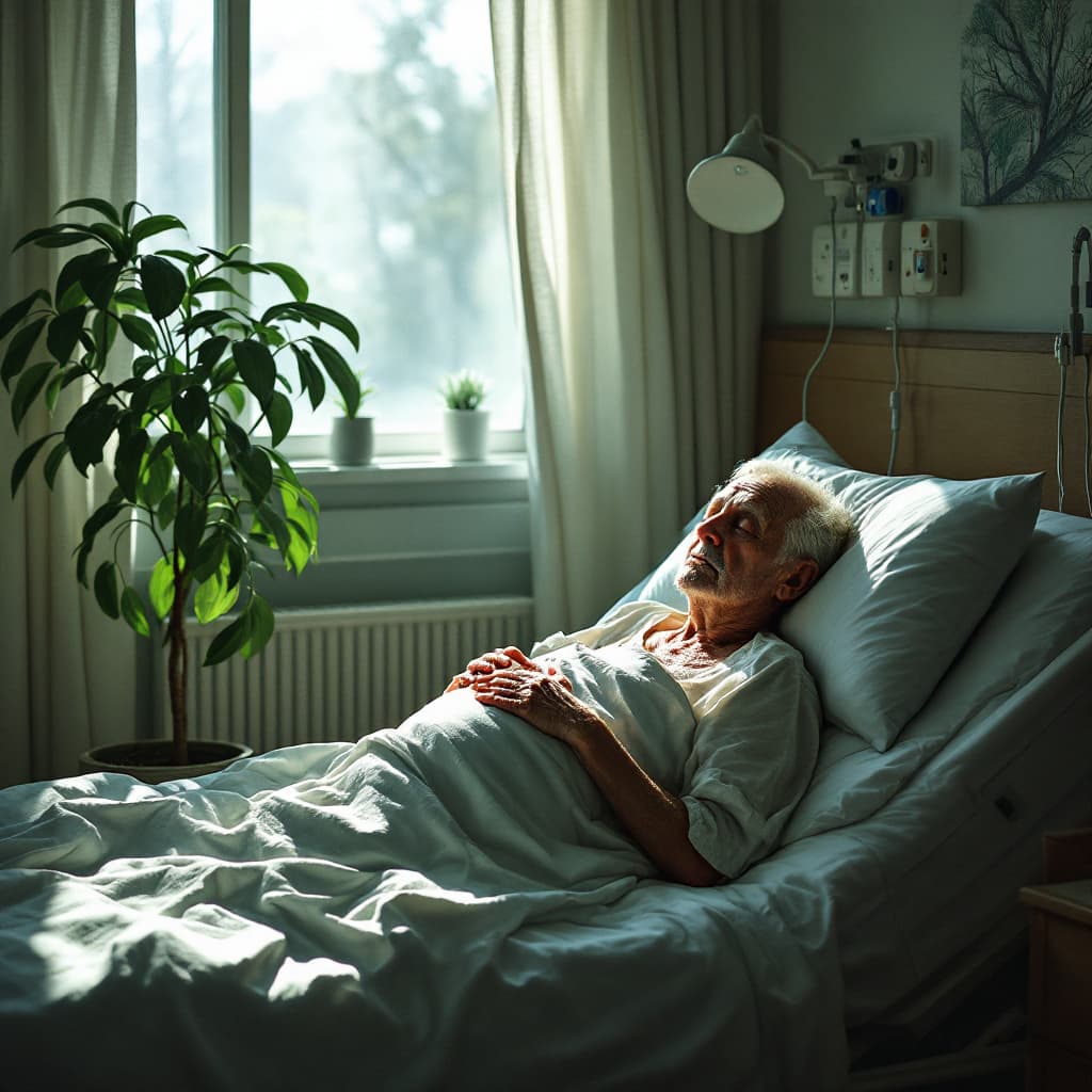 AI generated: Une chambre d'hôpital avec un vieux patient allongé. Plante verte. Soleil par la fenêtre. sa fille e...