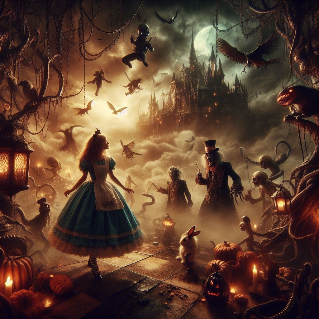 AI generated: heavy nightmare Version of alice in Wonderland, photorealism, fantasy, dynamic lighting, very high d...
