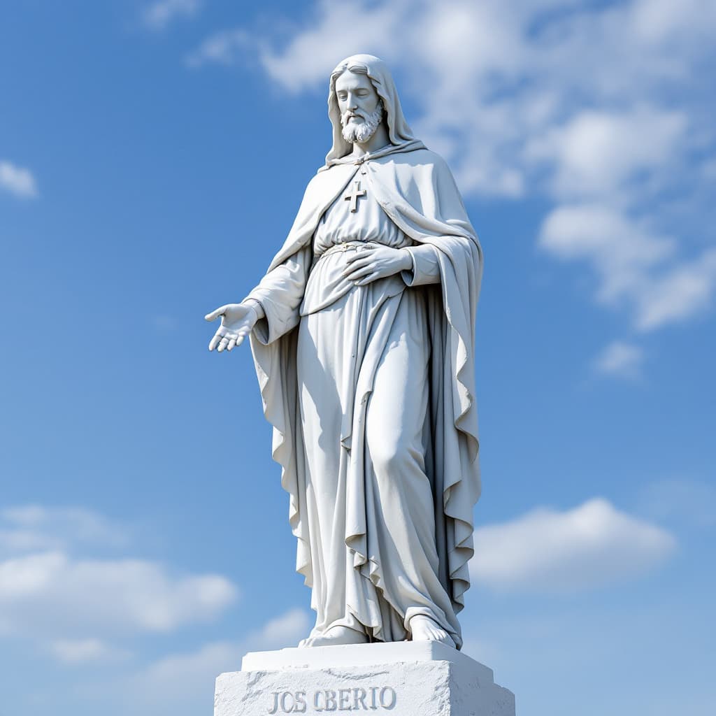 AI generated: Escultura realista de San José Obrero tallada en yeso blanco, siendo pintado por una mano