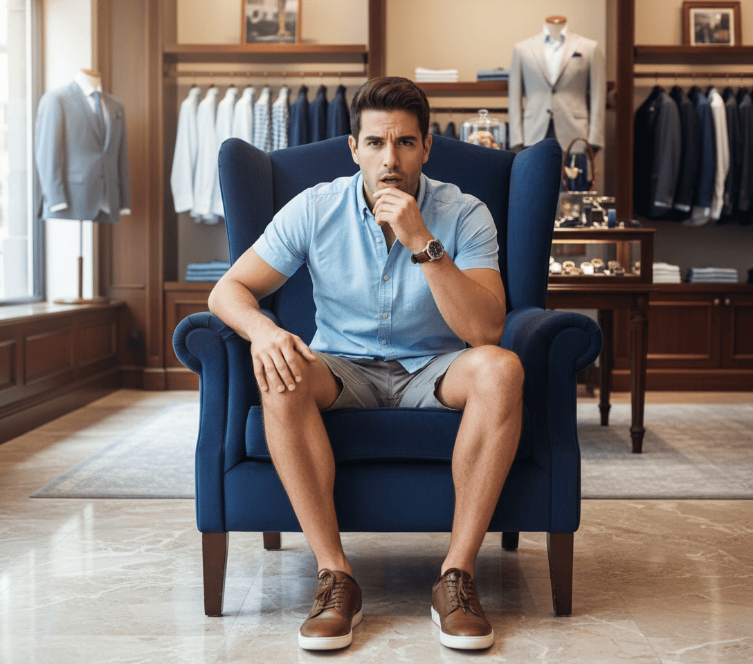 AI generated: At a very luxurious men's clothing store. The Hispanic male is slender, he is 5 feet tall, he is wea...
