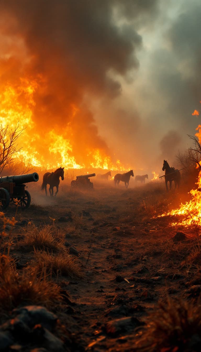 AI generated:  the burning plains of Mucuritas, after of a epic battle  in 1817, surrounded by smoke and flames, s...