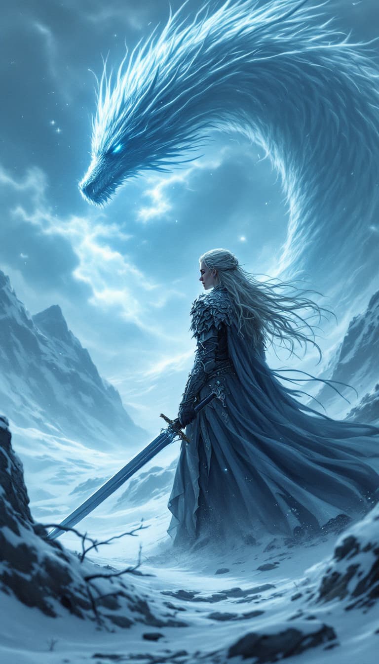AI generated: game of thrones, knight girl, stark knight, alone in the north, with her wolf dog like ghost, a drag...