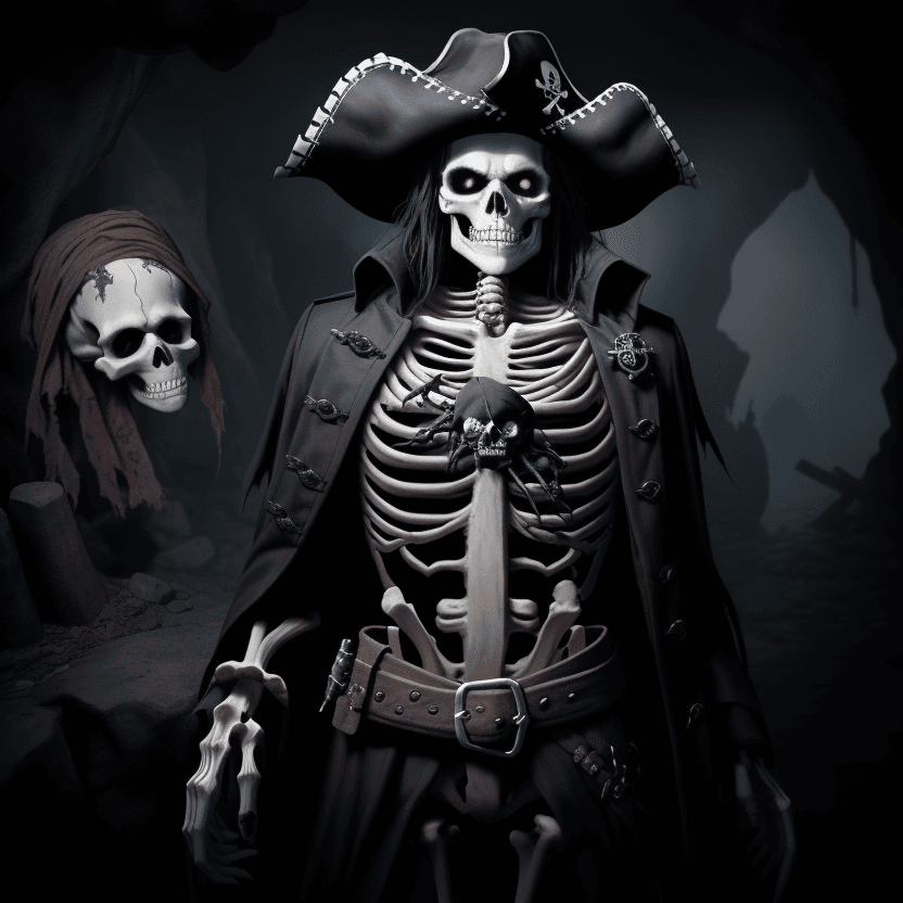 AI generated: The image features a skeleton dressed as a pirate, wearing a pirate hat and a black coat. The skelet...