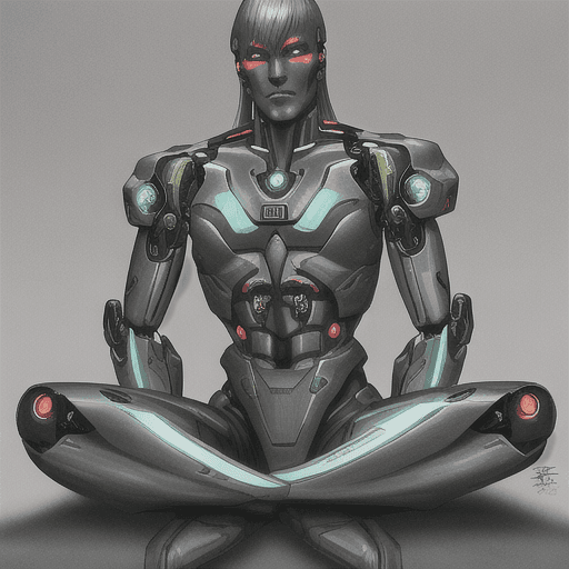 AI generated: Cyborg robot, sitting in a zazen sitting position, vubrant colors, hyperrealistic, cinematic