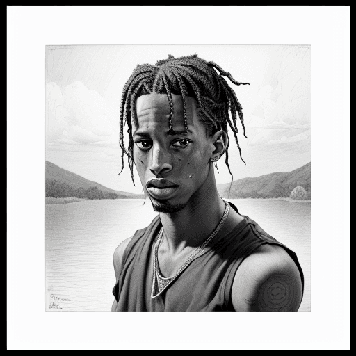 AI generated: portrait of Travis Scott, realistic pencil sketch, b&w, complex line drawings, on white Canson paper...
