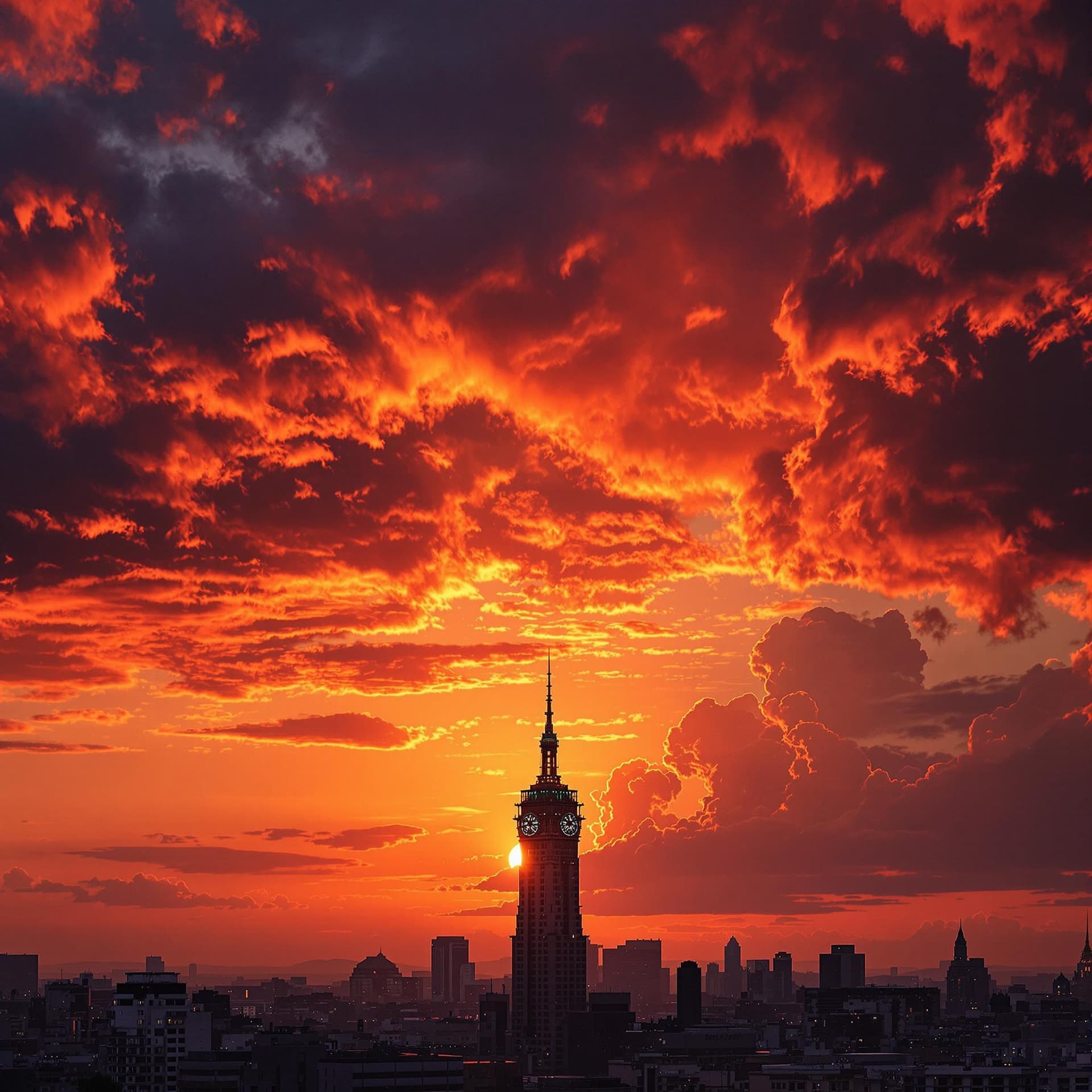 AI generated: sunset in the city with a building tower, dramatic sunset, sky on fire, dramatic sunset lighting, vi...