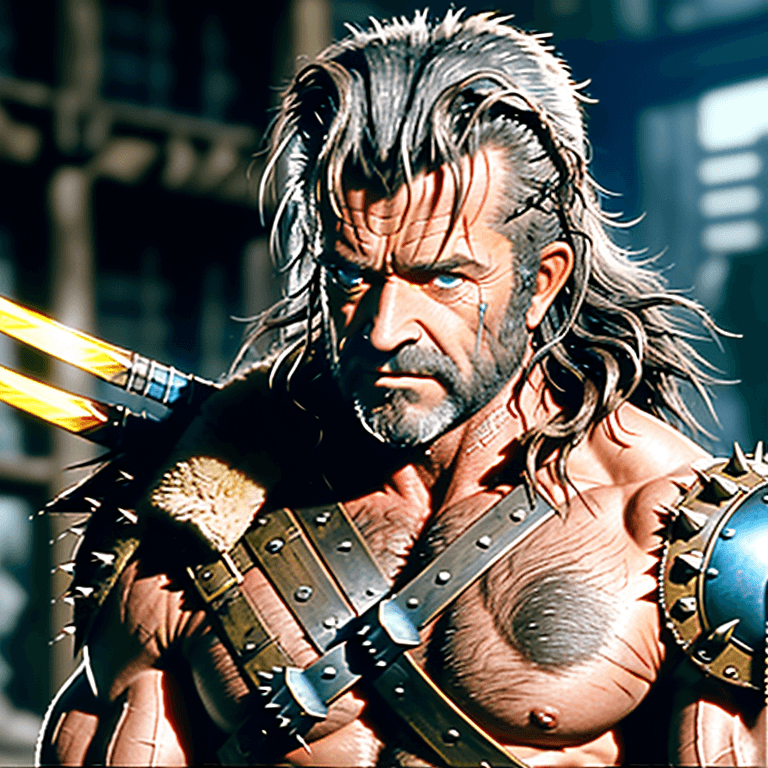 AI generated: mel gibson in braveheart as cyberpunk wolverine, long spiky messy hair, luis royo, jim lee, 8k, shar...
