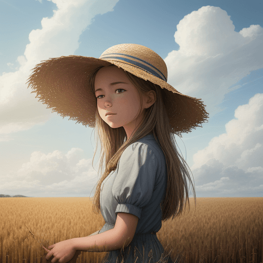 AI generated: Wheat field, a farmer girl with a dog
 with a straw hat standing in a wheat field, big clouds, blue ...