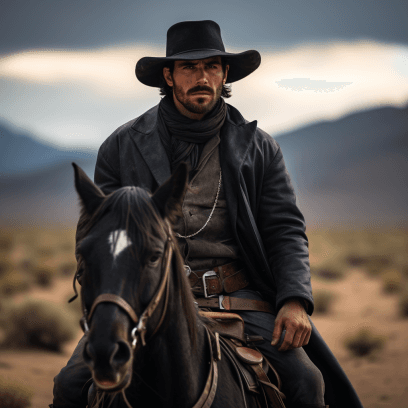 AI generated: Wild West cowboy on a big black horse. This cowboy is in a desert landscape. Cinematic lighting, Unr...