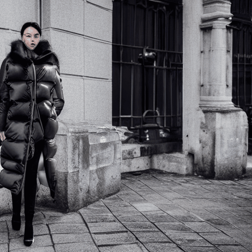 AI generated: well lit fashion shoot portrait of extremely beautiful female wearing massively over size puffer jac...
