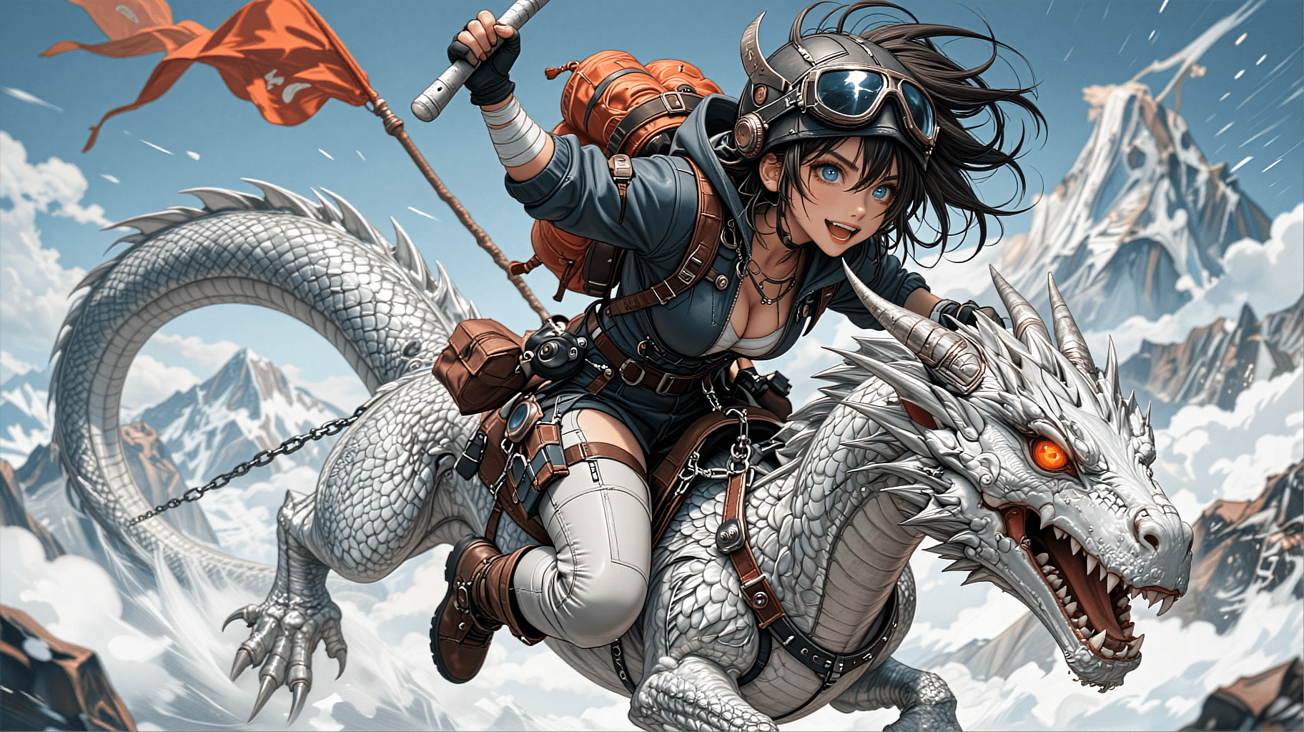 AI generated: A wide horizontal format semi-realistic anime manga comic illustration of a young female dragon ride...