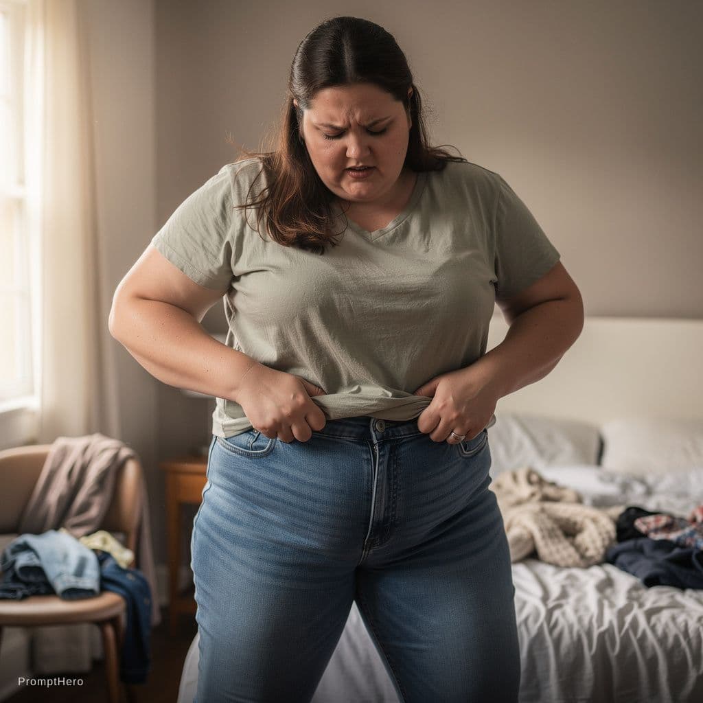 AI generated: Chubby girl with fat ass struggling to pull up pants