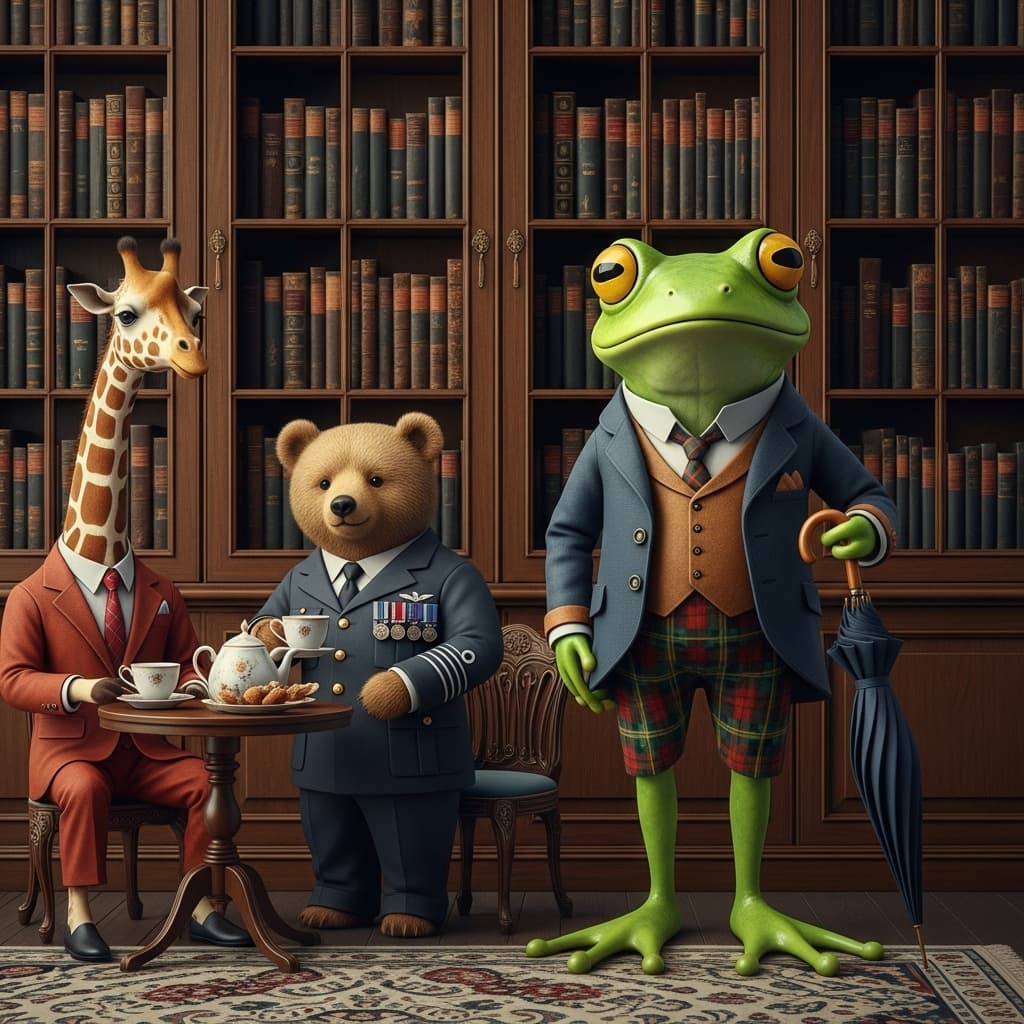 AI generated: close up, straight ahead angle at eye level, a frog wearing a tartan vest, dark blue suit,  spats an...