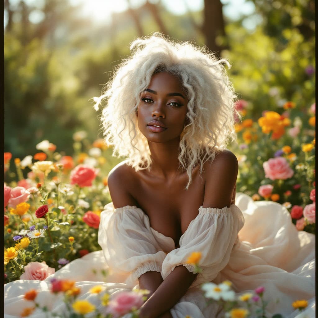 AI generated: A highly detailed disposable film photography shot of a stunning Black woman with striking white hai...