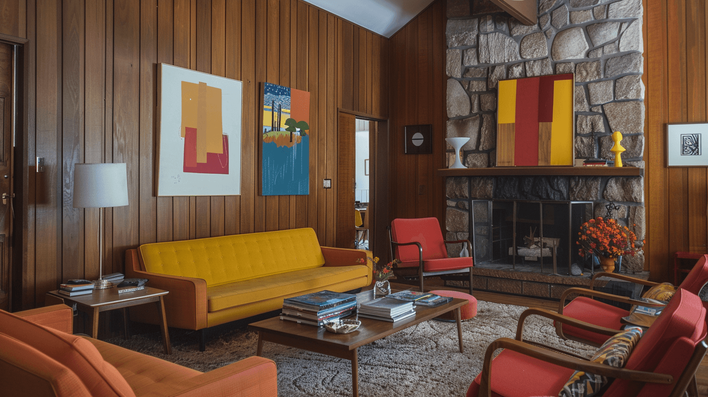 AI generated: mid-century modern living room with fireplace, wood paneling and wall art in bold colors. The room f...
