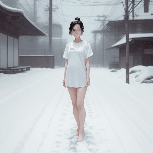 AI generated: Asian woman standing in the snow in a white t shirt, in the style of celebrity image mashups, xiaofe...