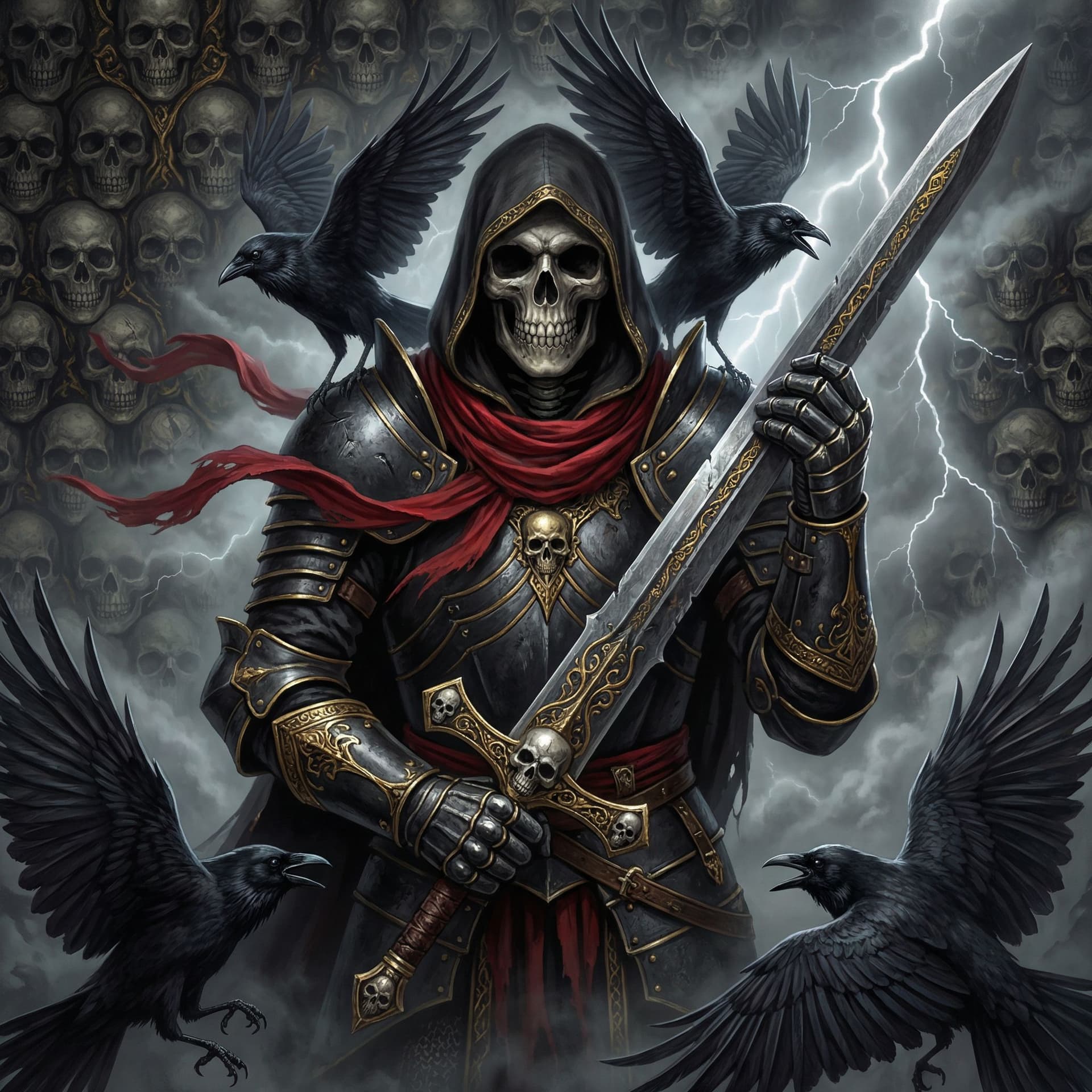 AI generated: Um esqueleto em armadura preta e manto com capuz, segurando uma espada de ferro adornada com caveira...