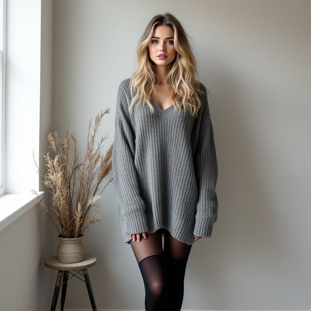 AI generated: sweater grey, open middle, stockings black,