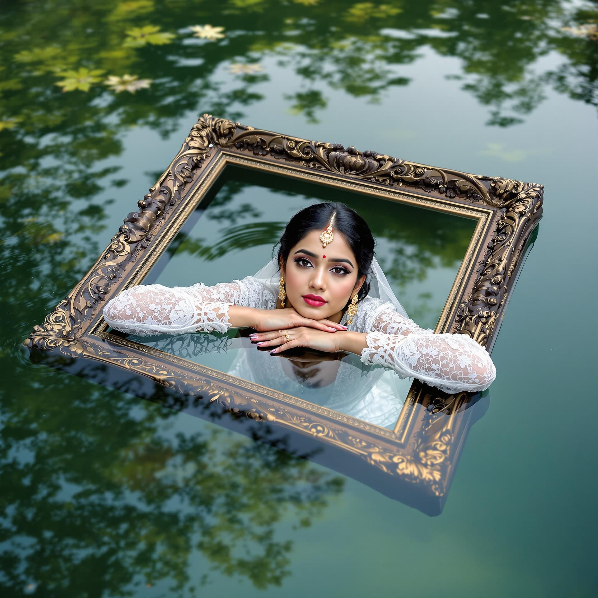 AI generated: A visually captivating photograph shows a Kerala woman submerged in water up to her shoulders, frame...