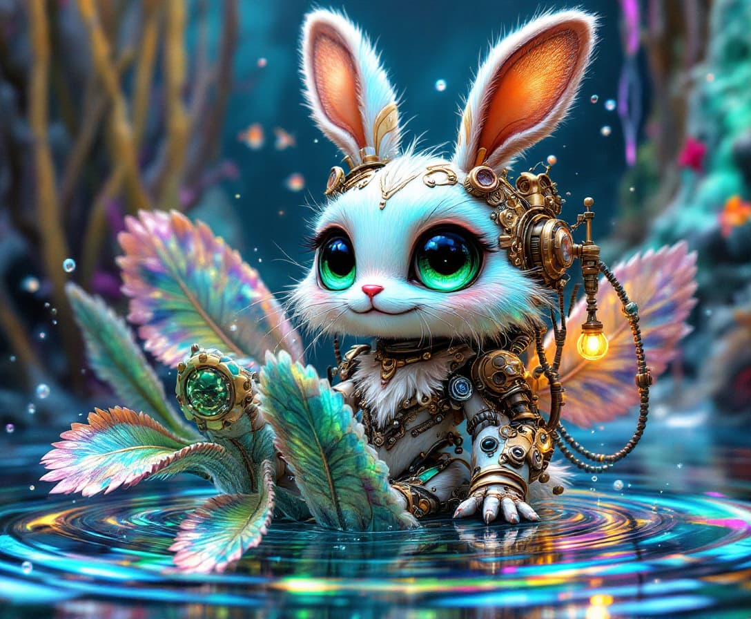 AI generated:  "Steampunk Spectralis Mechina",  featuring a cute adorable sassy, happy smile playful anime cartoon...