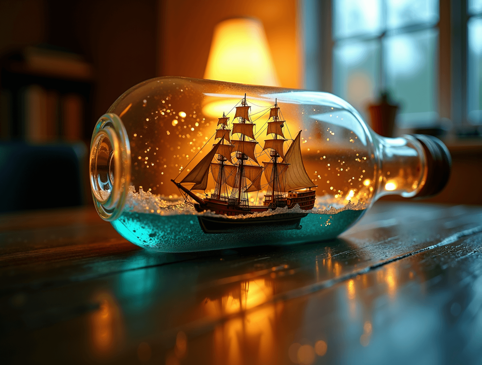 AI generated: Extreme fisheye macro inside a heavy lead-crystal ship-in-bottle, viewer standing on the miniature g...