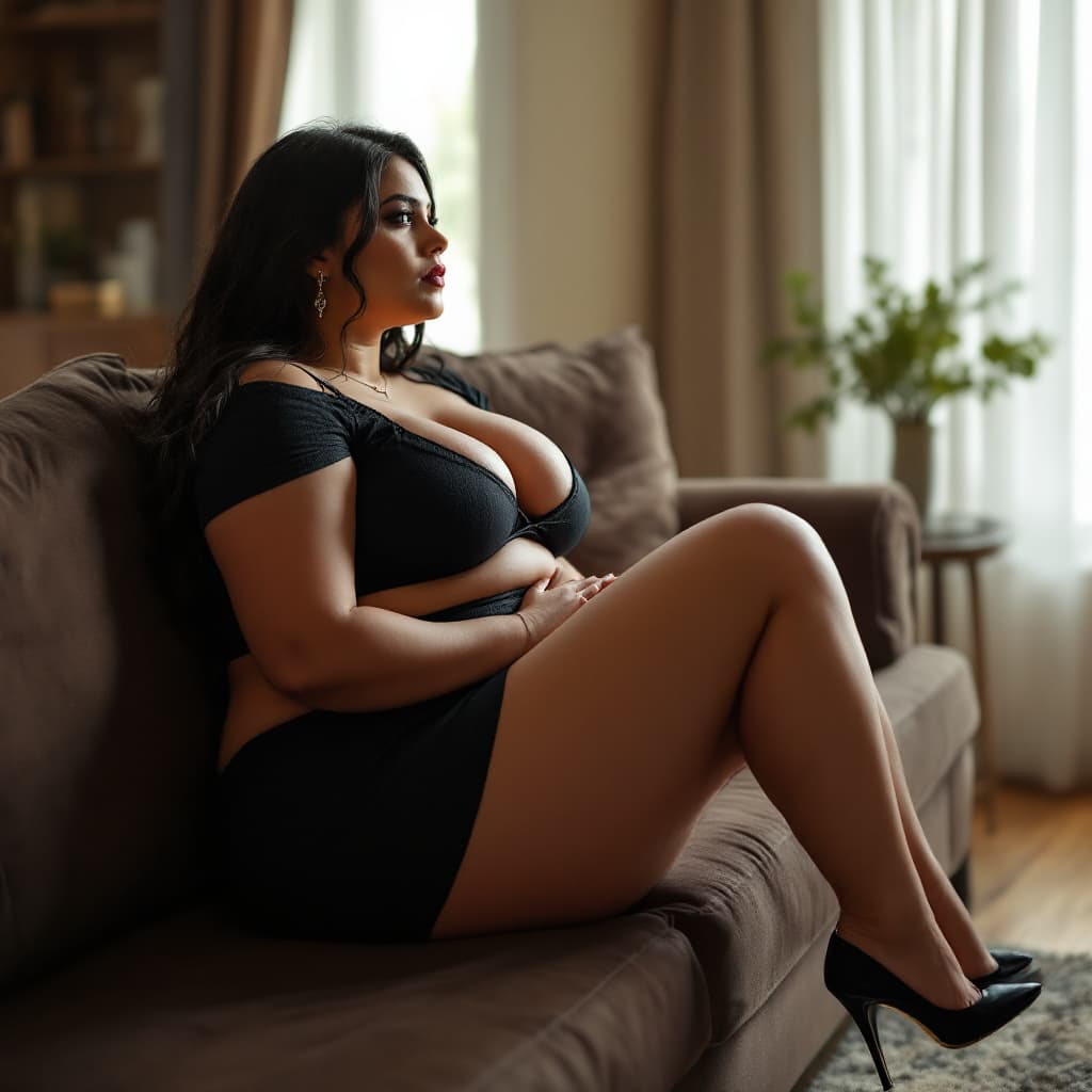 AI generated: score_9, score_8_up, score_7_up, 1woman, Indian plus size flat stomach Breast size 44 FF, Waist size...