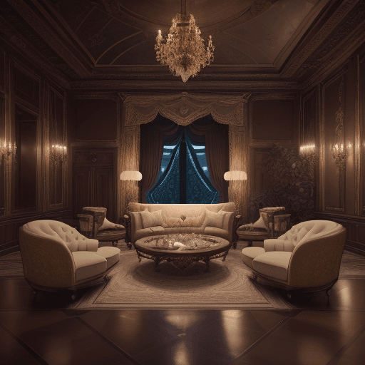 AI generated: High resolution logo design, dreamy, conversation pit, tea, drinks, wine, fancy, cozy atmosphere; 8k...