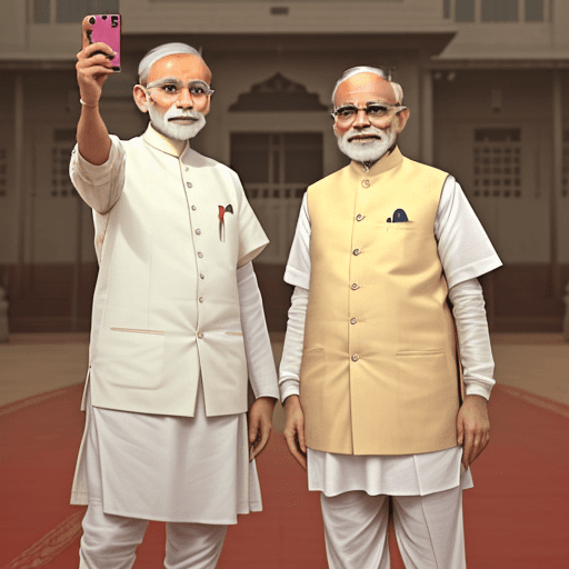 AI generated: Mahatma Gandhi and Narendra Modi are seen standing together, smiling, and taking a selfie. Gandhi is...