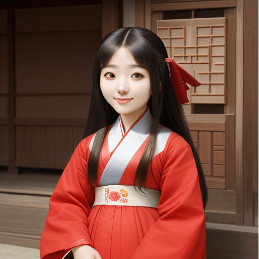 AI generated: cute 1500s korean girl, smile big eyes, korea transitional red dress, long hair, background: 1500s k...