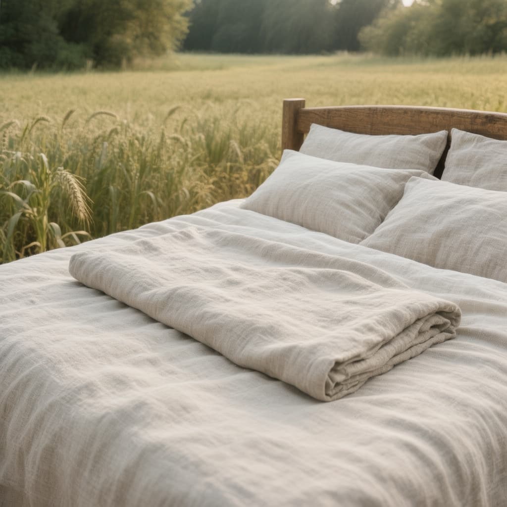 AI generated: Take a photo that clearly shows pure linen on a bed. Linen made of 100% cotton, undyed and unbleache...