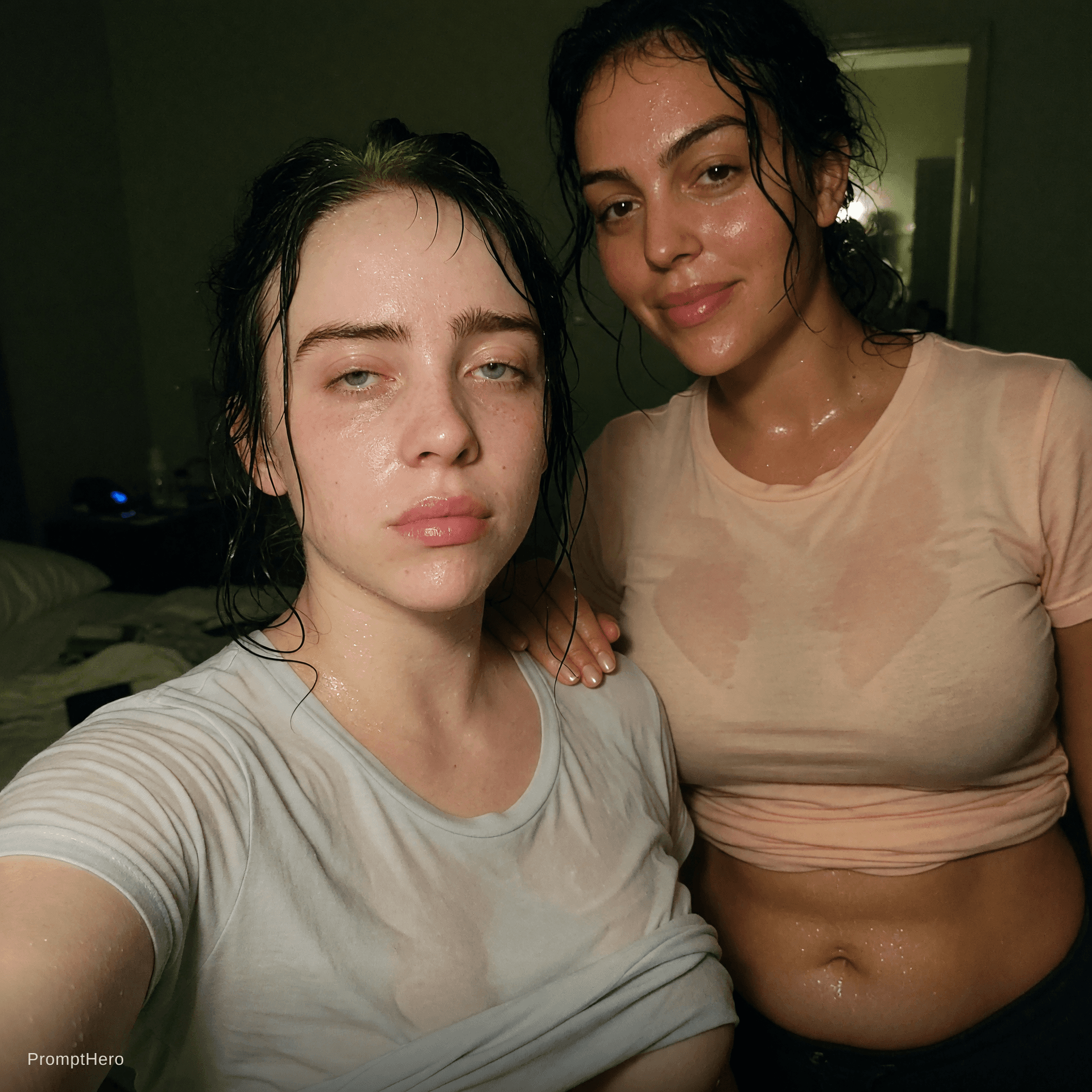 AI generated: Billie Eilish is wearing a light undershirt; she is silent in a nighttime selfie, looking sweaty wit...