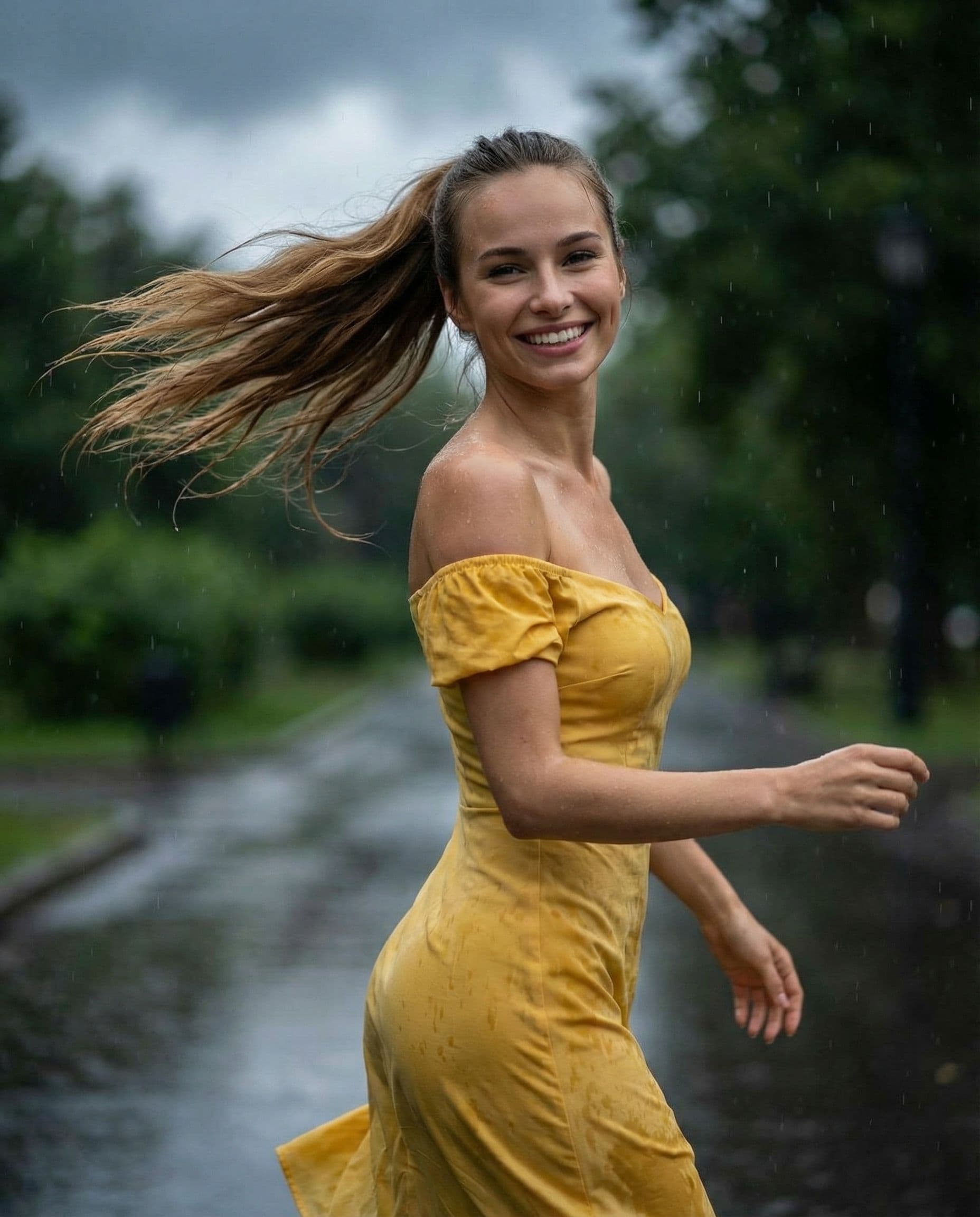 AI generated: A photorealistic portrait of a fit 25yo woman with fair skin and long, flowing dark blonde ponytail ...
