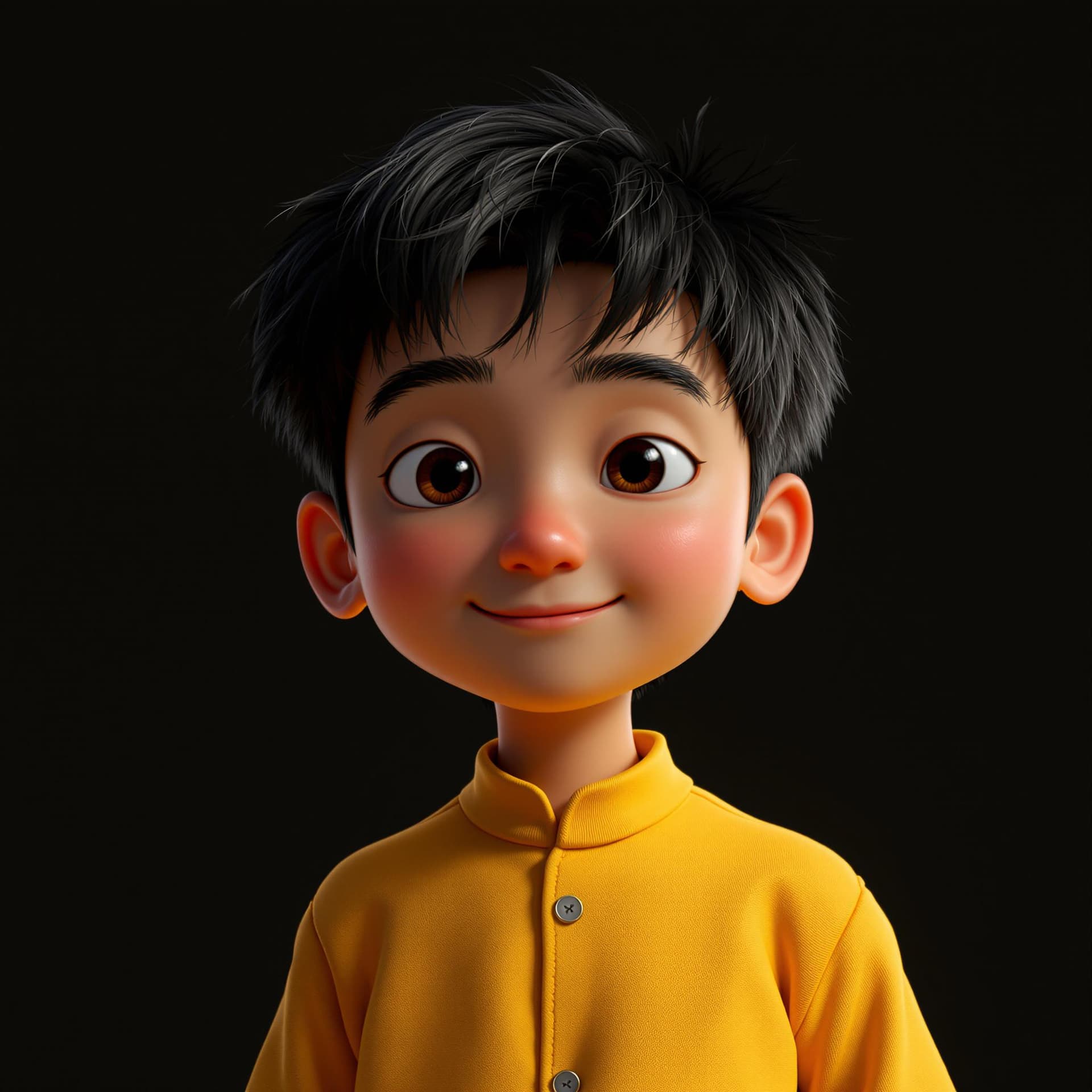 AI generated: A Chinese boy with black hair and yellow shirt, rendered in cinema4d style, charming character, I ca...